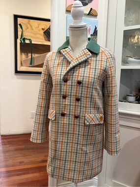 Gucci Plaid Double-Breasted Pea Coat with Green Collar
